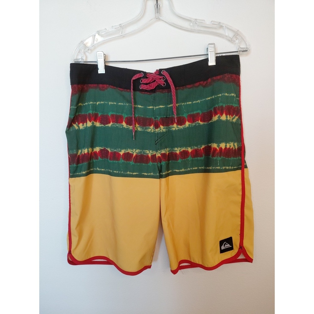 Quiksilver‎ Men's Yellow Red Surfer Board Shorts SZ L  Vacation Swim